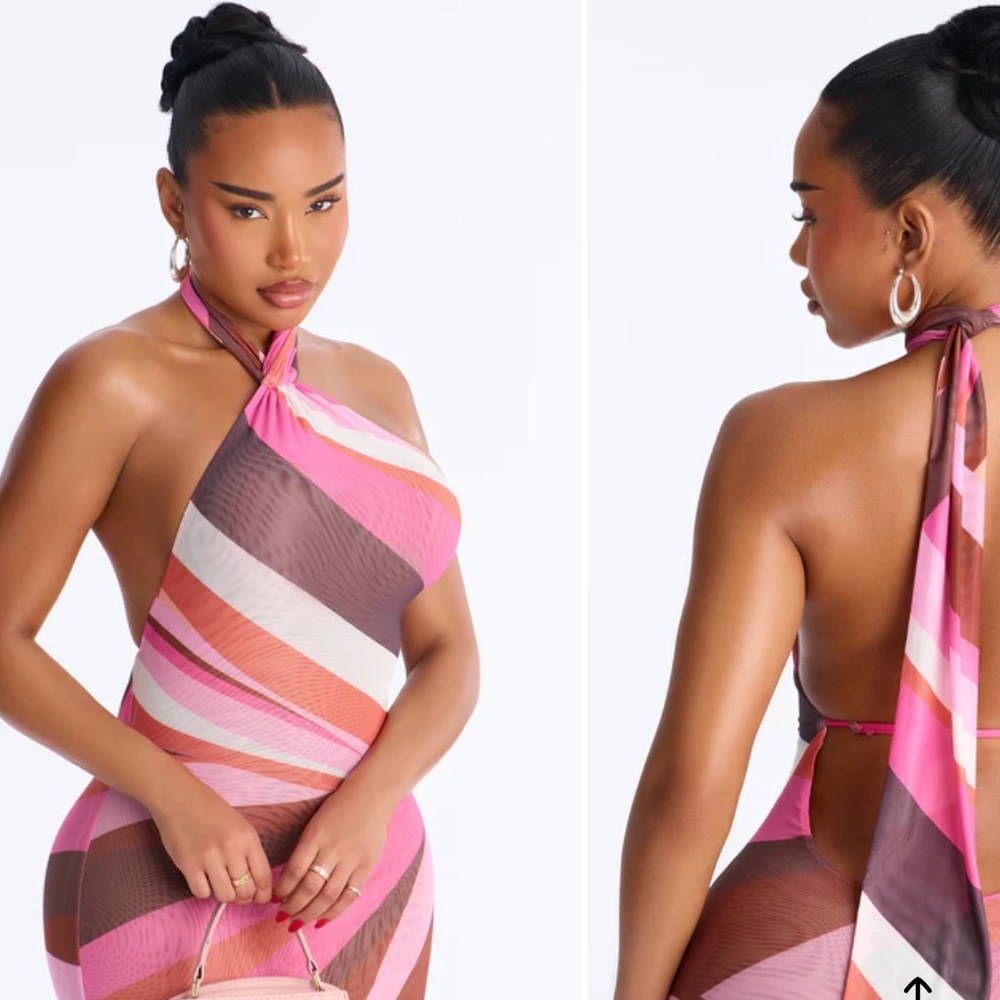 Pink Multi-Stripe Backless Halter Maxi Dress